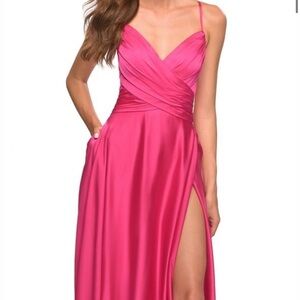 La‎ Femme Hot Pink Maxi Dress Gown Bridesmaid slit sleeveless